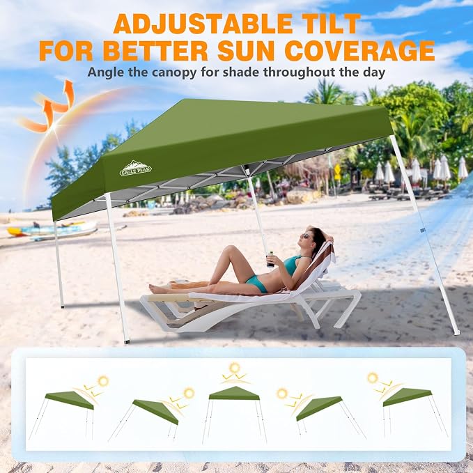 EAGLE PEAK 10x10 Slant Leg Pop-up Canopy Tent Easy One Person Setup Instant Outdoor Beach Canopy Folding Portable Sports Shelter 10x10 Base 8x8 Top (Grass Green)