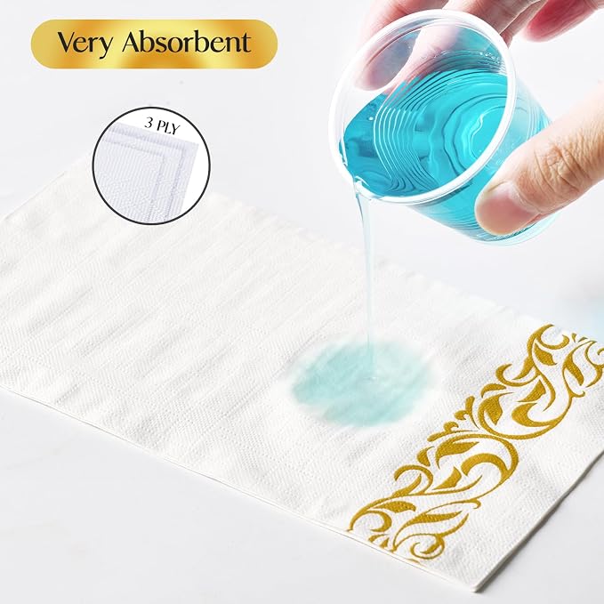 Vplus 200 Pack Paper Napkins Guest Towels Disposable Premium Quality 3-ply Dinner Napkins Disposable Soft, Absorbent, Perfect for Kitchen, Wedding, Parties, Dinners or Events (Gold)