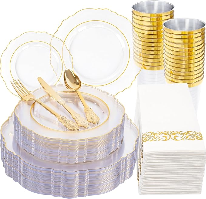 KIRE 210Pcs Clear and Gold Plastic Plates - Heavy Duty Clear Plates with Gold Rim - Disposable Dinnerware Sets of 60 Plastic Plate 90 Silverware 30 Cups 30 Napkins for Wedding/Mother's Day