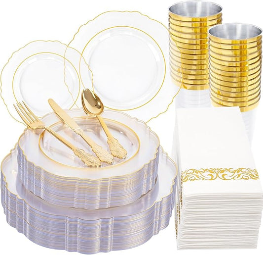 KIRE 210Pcs Clear and Gold Plastic Plates - Heavy Duty Clear Plates with Gold Rim - Disposable Dinnerware Sets of 60 Plastic Plate 90 Silverware 30 Cups 30 Napkins for Wedding/Mother's Day
