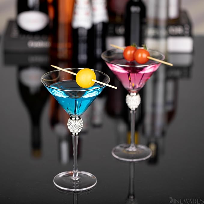2 Piece Premium Clear Stem Crystal Martini Glasses with Silver Rim and Diamond-like Rhinestones, Elegant 10oz Glassware Set for Cosmopolitan, Vodka, Gin and Other Cocktails, Fancy Manhattan Drinkware