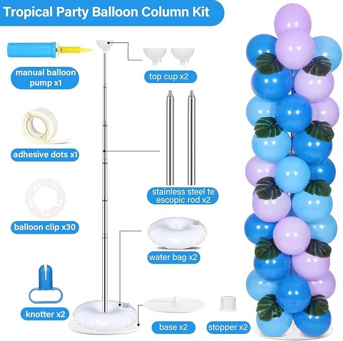2 Sets Blue Purple Balloon Column Stand Kit with 99 Blue Purple Foil Balloons 10 Palm Leaf 5.57ft Adjustable Balloon Tower Stand with Bases Adjustable Arch Column for Tropical Birthday Party Decor