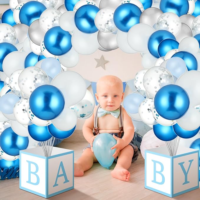 6 Sets Blue Boy Baby Shower Table Centerpiece with Paper Letter Boxes, Stand, Blue and White Balloon DIY Baby Shower Party Table Decor Kit for Boy 1st Birthday Gender Reveal Party Supplies