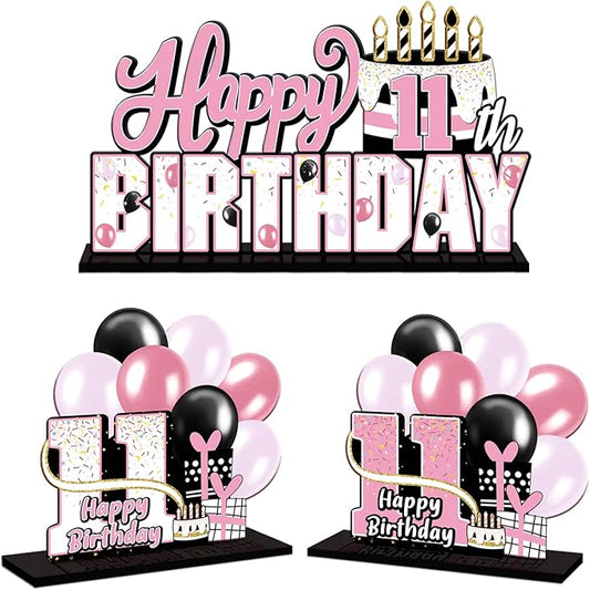 LINGTEER Happy 11th Birthday Pink Acrylic Table Topper Centerpieces Set - Cheers to 11 Years Old Birthday Eleven Bday Party Gift Decorations.