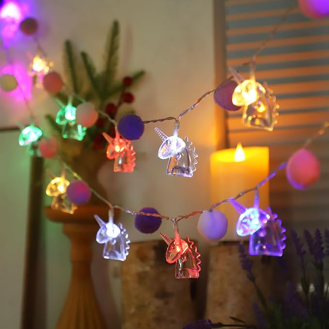 9.85FT Indoor String Lights with 20 Cute PomPoms 20 Colorful Unicorn LED Indoor String Lights Battery Operated with Timer for Home Bedroom Kids Playhouse Birthday Wedding Party Holiday Christmas Decor