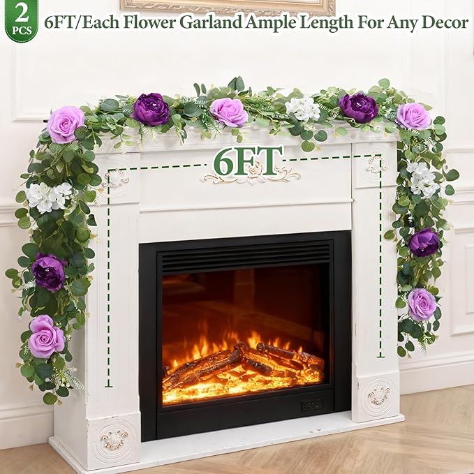 Livole 2Pcs 6 FT Artificial Flower Garland Fake Purple Rose Peony Floral Garland with Eucalyptus Flower Hanging Vine for Wedding Arch Table Centerpieces Backdrop Party Home Decorations