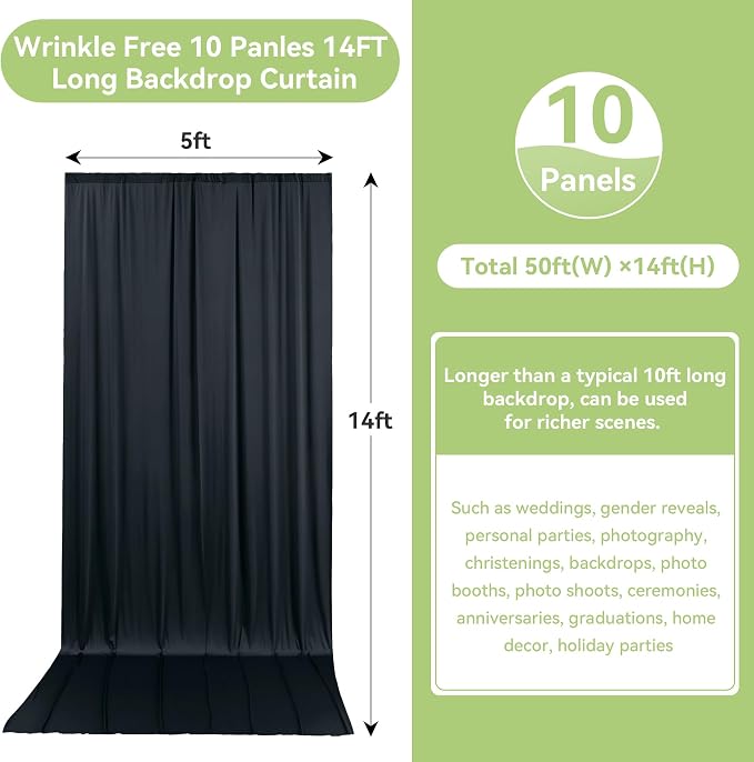 50ftx14FT Wrinkle Free Black Backdrop Curtain, 10 Panels 14FT Height Black Wedding Backdrop Drapes, Silky Polyester Back Drop Cloth for Birthday Photography Background Party Backdrop Draping
