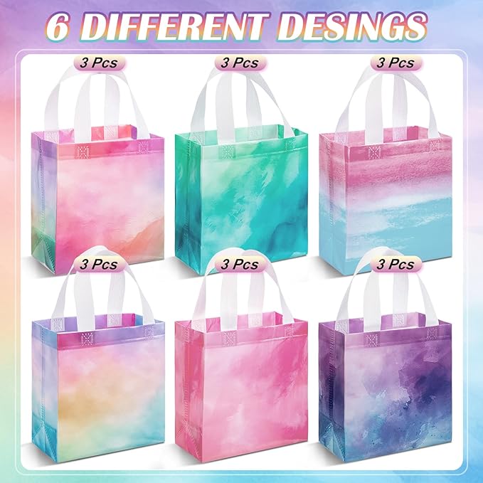 Wesnoy 18 Pcs Tie Dye Woven Gift Bags with Handles Reusable Party Favor Goodie Bags Bulk, Spring Rainbow Color Tote for Women Wedding Birthday Bridal Shower Decoration