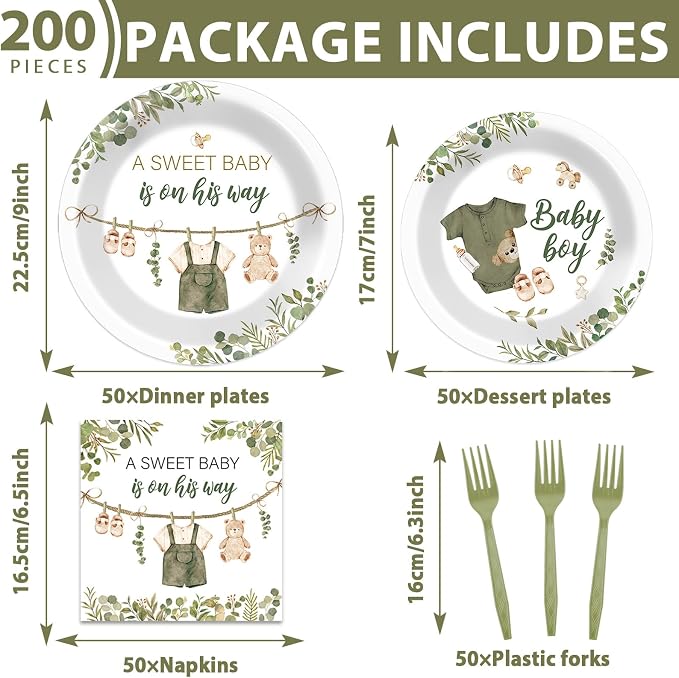 200Pcs Greenery Baby Shower Plates and Napkins Decoration Sage Green Party Tableware Dinnerware Set A Sweet Baby Is On His Way Paper Plates for Baby Gender Reveal Party Supplies Serves 50