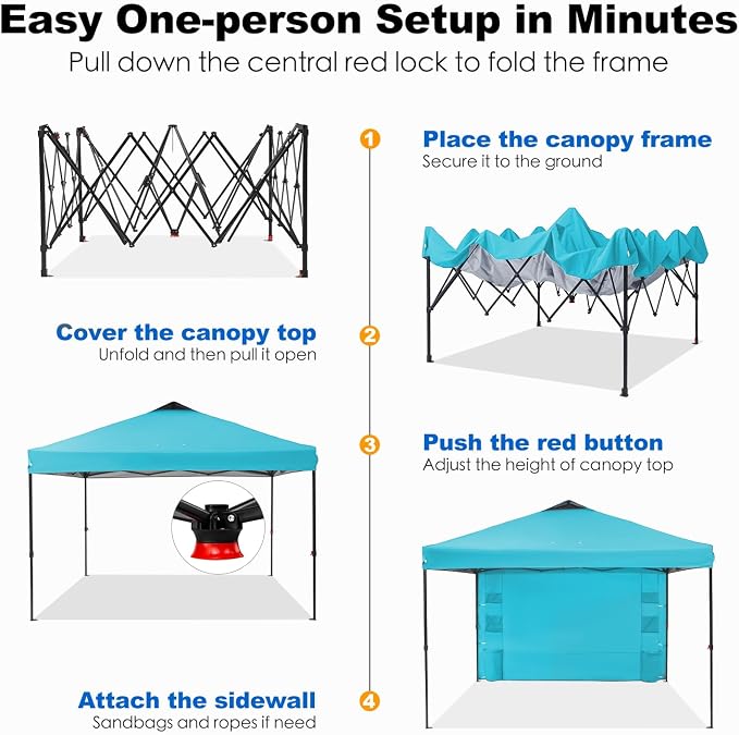 GAFETE 10×10 Pop Up Canopy Tent with 1 Pockets Sidewall, Easy up Sun Shade with One Push Setup, Portable Instant Outdoor Canopy Tent for Events Parties Camping with Carrying Bag (Cerulean, 10x10 FT)