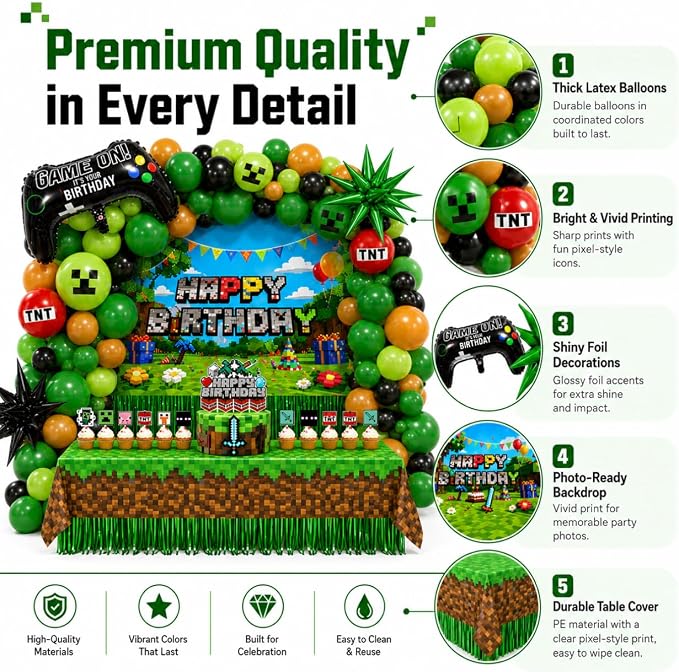 Pixel Game Birthday Party Decorations, “Game On” Pixel Theme Party Supplies Kit for Boys & Girls —131 Pcs Balloons, Backdrop, Curtain, Table Cover, Cake Toppers