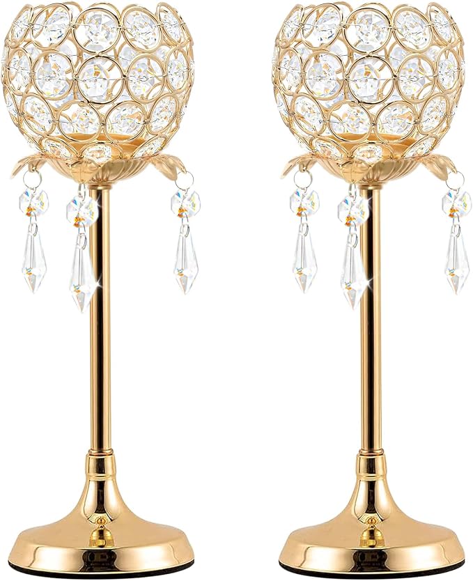 Crystal Tea Light Candlestick Holders Flower Shape with Crystal Pendant Bowl Votive Metal Candle Holder for Table Centerpieces Wedding Home Decor (Set of 2 high, Gold)