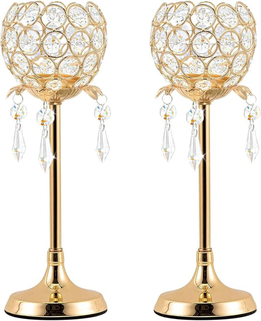 Crystal Tea Light Candlestick Holders Flower Shape with Crystal Pendant Bowl Votive Metal Candle Holder for Table Centerpieces Wedding Home Decor (Set of 2 high, Gold)
