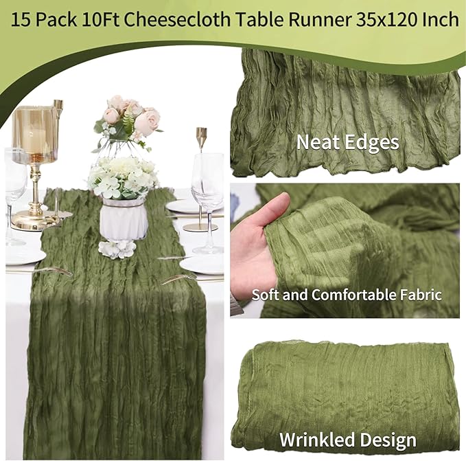 15 Pack Cheesecloth Table Runner Grass Green 10Ft Gauze Cheese Cloth Table Runner 35x120 Inch Boho Table Runners for Wedding Birthday Party Engagement Bridal Baby Shower Anniversary Christmas Decor