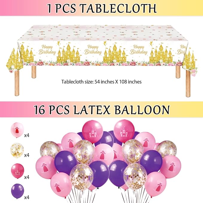 Princess Castle Birthday Party Decorations Set for Girls 3-14 Yrs, with Banner, Backdrop, Balloons, Cake Topper, Cupcake Toppers, Tablecloth, Quick and Easy Setup