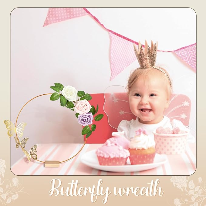 Vercraft 12 Set butterfly Metal Floral Hoop Table Centerpieces Include Metal Ring with Base 3D Butterfly Decoration, PE Foam Flower, Adhesive Dots, Gold Wires for DIY Wedding Baptism Party(Round)
