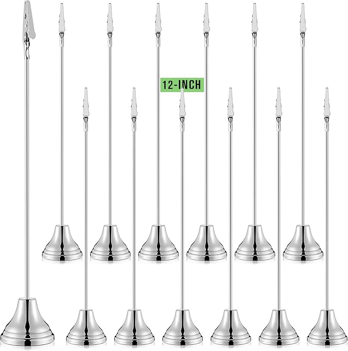 Skyygemm 12 Pcs Table Number Holders 12 Inch Place Card Holder with Alligator Clip Metal Place Card Stands Table Sign for Photos, Food Signs, Birthdays, Weddings (Silver)