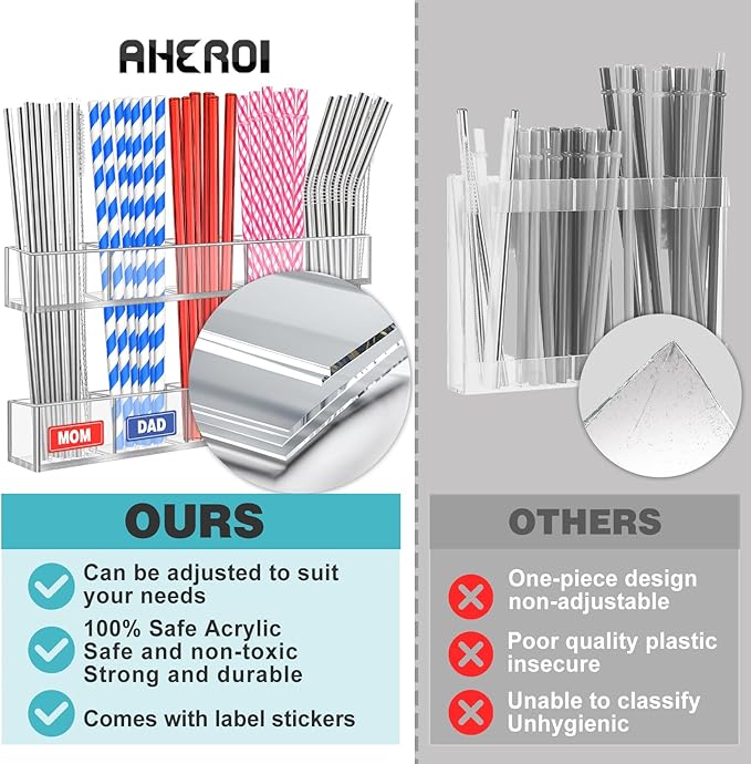 Aheroi Straw Holder, 9.5”Large Adjustable Straw Holder for Cabinet Door, Reusable Acrylic Sign holder for Small Kitchen Accessories, Storage Holder, Double-Sided Adhesive Tape&Colour Labels