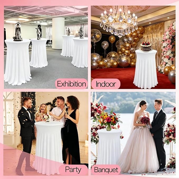6 Pack Round Spandex Cocktail Table Tablecloth with Skirts, 32 x 43 Inch White Spandex High Top Cocktail Table Covers, Stretch Fitted Round Cocktail Tablecloths for High Top Bar Party Wedding Banquet