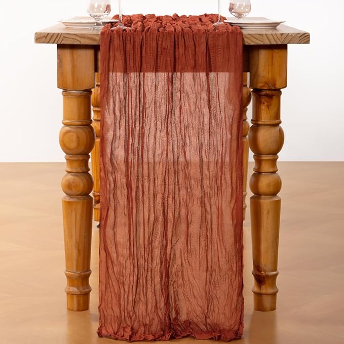 DeZerlor Terracotta Cheesecloth Table Runner Burnt Orange Spring Easter Table Runner 120 Inches Rust Cheese Cloth Table Decor for Wedding Bridal Baby Shower Parties