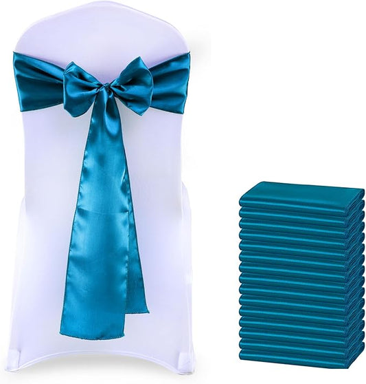 MDS Satin Chair Sashes, 100 Pack, 7”x108” Each, Decorative Chair Bows Ribbon Tie Backs for Wedding Party, Holiday Dinner, Birthday, Reception, Banquet, Hotel & Event Decoration - Dark Teal