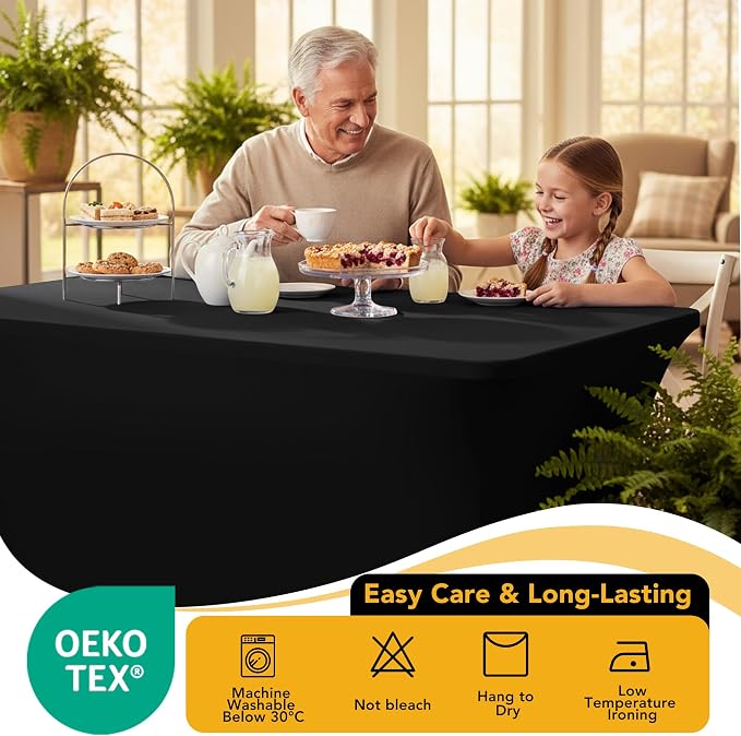 6-Pack Premium Black Spandex Tablecloths for 4ft Rectangle Tables, Stain & Wrinkle-Resistant, Washable Stretch Polyester Fitted Table Cover for Weddings, Banquets, Trade Shows Events