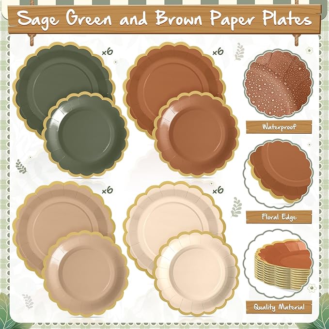 Mimorou 169 Pcs Sage Green and Brown Plates and Napkins Party Supplies for Guests Woodland Baby Shower Tableware Include Scalloped Plates Paper Napkin Cup Spoon Fork Knife for Wedding, Birthday