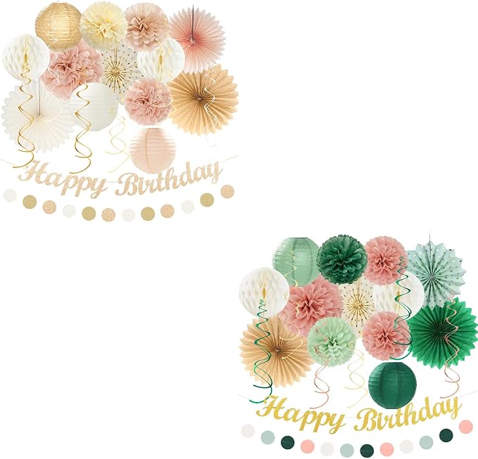 Champagne-Gold Beige Fall Boho Birthday Party-Decorations and Sage-Green Pink-Gold Boho-Rustic Birthday Party-Decorations