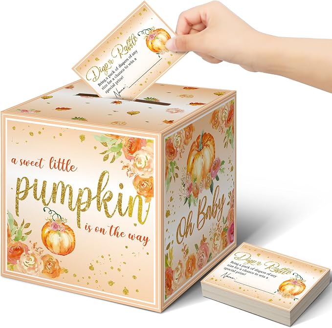 Teling 51 Pieces Diaper Raffle Tickets with Card Box Baby Shower Decorations Baby Shower Holder Box for Girl Boy Diaper Raffle Party(Pumpkin)