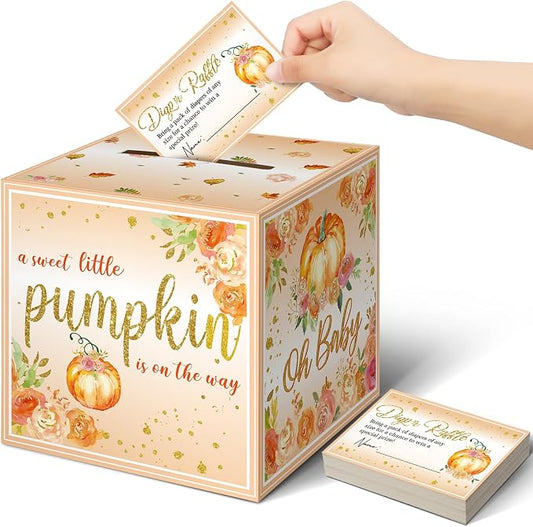 Teling 51 Pieces Diaper Raffle Tickets with Card Box Baby Shower Decorations Baby Shower Holder Box for Girl Boy Diaper Raffle Party(Pumpkin)