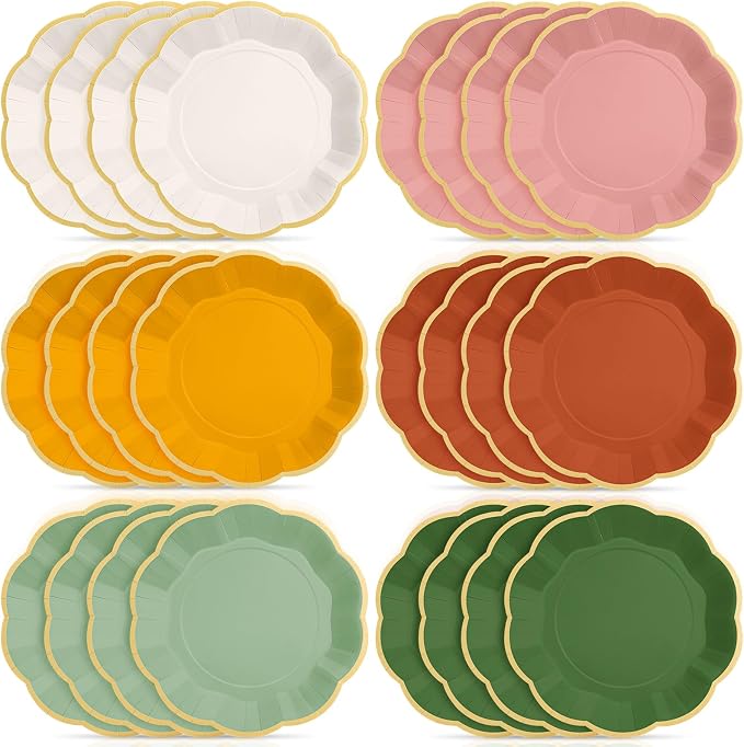 72 Pcs Boho Color Paper Plates 9 Inch Colorful Rainbow Scalloped Paper Disposable Dinner Dessert Plates for Birthday Wedding Bridal Party Supplies, 6 Colors