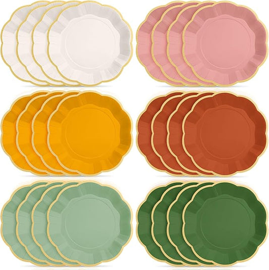 72 Pcs Boho Color Paper Plates 9 Inch Colorful Rainbow Scalloped Paper Disposable Dinner Dessert Plates for Birthday Wedding Bridal Party Supplies, 6 Colors