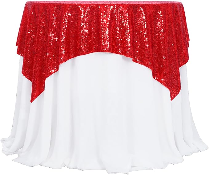 Poise3EHome Red Sequin Tablecloth 50×50 Inch Square Sequin Fabric Table Cover Overlay for Valentine Christmas Baby Shower Birthday Party Wedding Holiday Cake Table Decoration