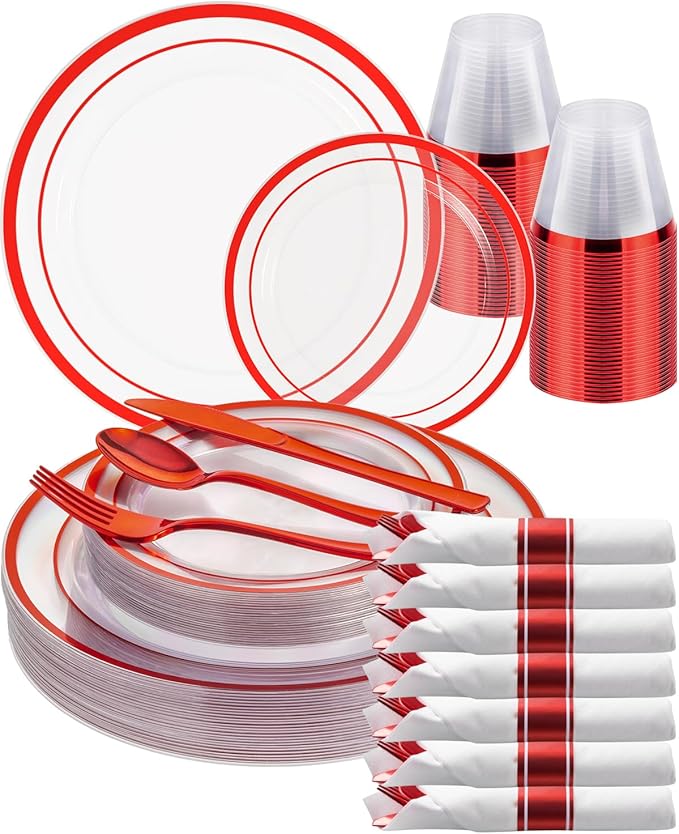 Goodluck 175 Pcs Red Disposable Plates, Plates and Napkins Party Supplies | Red Plates for Party for 25 Guests, Include 50 Plates, 25 Pack Pre Rolled Napkins With Silverware, 25 Cups for Christmas