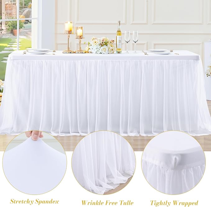 White Table Cloth for 8 Foot Rectangle Tables, White Stretch Fitted Tulle Table Covers Skirt, Rectangular Ruffle Tutu Tablecloth Wedding Banquet Baby Shower Cake Tablecloths Decorations
