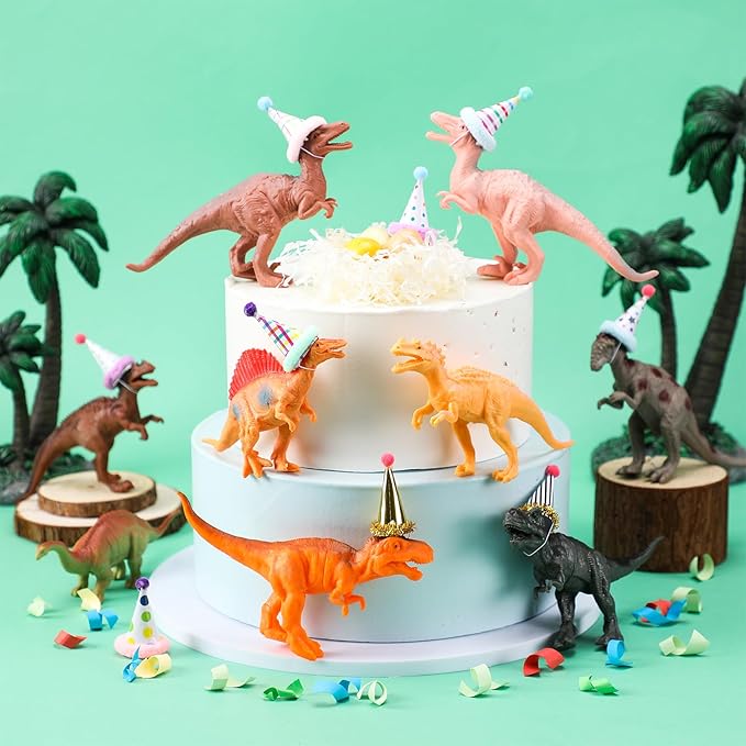 Colingmill 18 Pcs Dinosaur Birthday Party Decorations Animal Cake Toppers Mini Birthday Hat Figure Model for Animals Themed Party