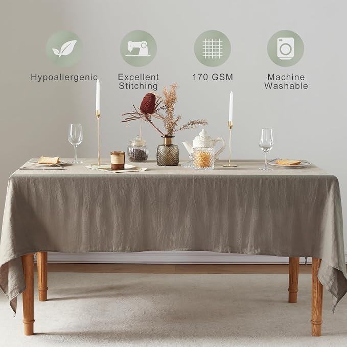 TOSMO 100% French Linen Tablecloth, Washable Farmhouse Rectangle Table Cloth for Kitchen, Dining, Party, Cocktail, Indoor and Outdoor Daily Use(52''x70'',Taupe)