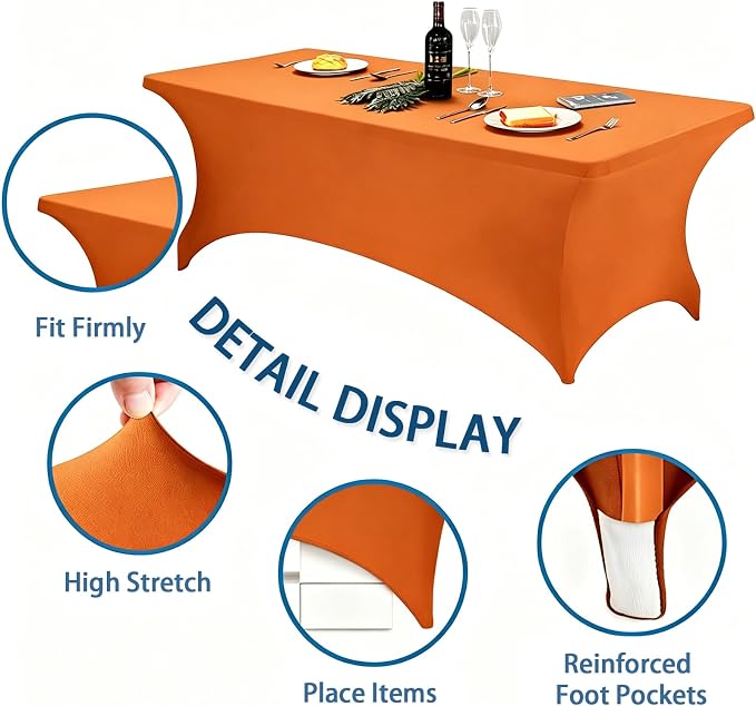 6FT Orange Table Cloth - 2 Pack Fitted Stretch Rectangle Spandex Tablecloth, Washable Table Cover for Party, Picnic, Wedding, Banquet, Birthday and Festival(30" x 72")
