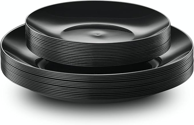 PLASTICPRO 64 Piece Combo Plates Set includes 32-7'' inch Plates & 32-10'' inch Plates Black Plates with Silver Rim Plastic PartyPlates Premium heavyweight Elegant, Tableware, Dishes,
