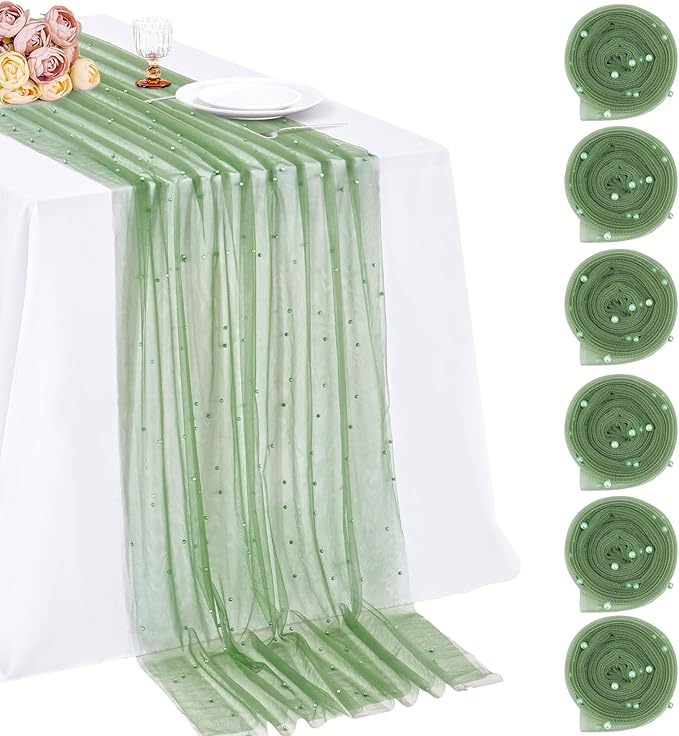 Wedding Pearl Tulle Table Runner: 10ft Sheer Fabric 6pcs Wedding Lace Desk Runners Arch Ceilings for Bridal Veil Baby Shower Sweetheart Table Decorations