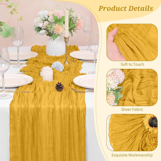 6 Pack Cheesecloth Table Runner Gold 10Ft Rustic Boho Gauze Table Runner Romantic Long Sheer Fabric Cheesecloth Table Runner for Wedding Festival Birthday Anniversary Dinner Outdoor Events