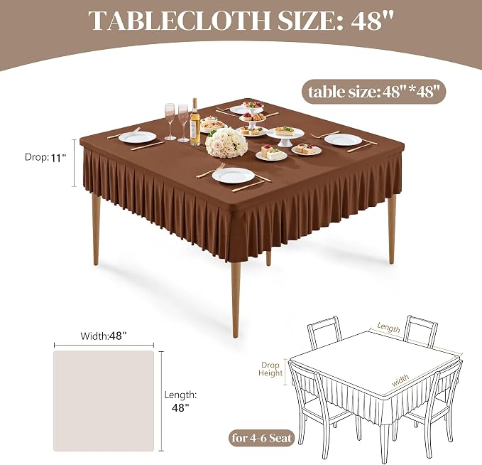 Wish Care Brown Spandex Tablecloths for 48x48 Inch Square Tables, Stretch Fitted Table Clothes with Pleated Ruffle Skirt for 48” Table, Wrinkle Free and Elastic, for Party Kitchen Home Dining