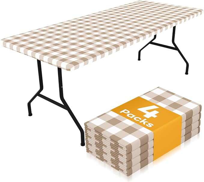 Smiry Picnic Table Cloth 4 Pack, Waterproof Elastic Fitted Tablecloths for 8FT Rectangle Tables, Washable Polyester Buffalo Plaid Tablecloth for Camping, Dining & Outdoor (Khaki & White, 30" x 96")