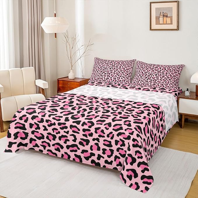 Castle Fairy African Cheetah Wildlife Fur Bed Sheet King Set,Wild Animal Skin Luxury Sheet Sets Adults Room Decoration,Pink Leopard Print Bedding Set with Flat,Fitted Sheet,2 Pillow Cases