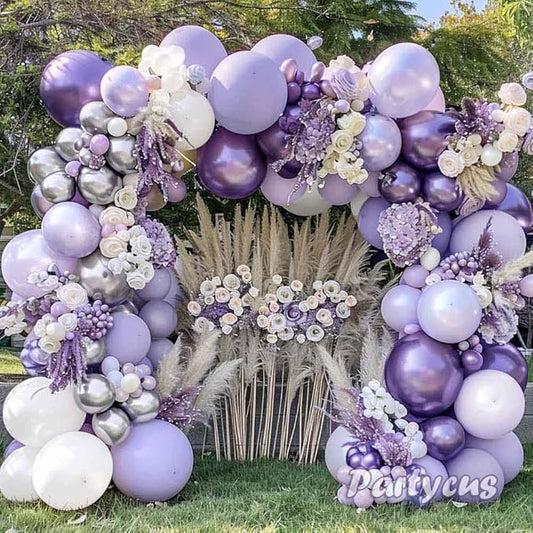 Pastel Purple White Balloon Arch Double Stuffed, Light Lavender Pearl Balloon Garland Kit with Metallic Lilac Silver Color for Bridal Shower Wedding Birthday Graduation Mothers Day Party Decoration