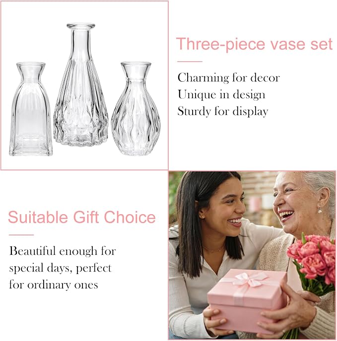 Glass Bud Vases in Bulk, 3pcs Small Glass Vase for Elegant Centerpieces | Mini Vases for Flowers ,Small Vases for Home Wedding, Living Room,Bud Vases for Wedding Party Holiday Gift