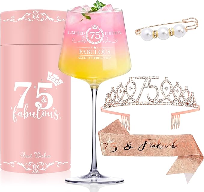 75TH Birthday Gifts for Women,Vintage Engraved 75th Wine Glass,75 Year Old Birthday Decorations For Her,75&Fabulous Sash and Tiara For Women,Friends,Sister-Turning 75th Party Favor Supplies