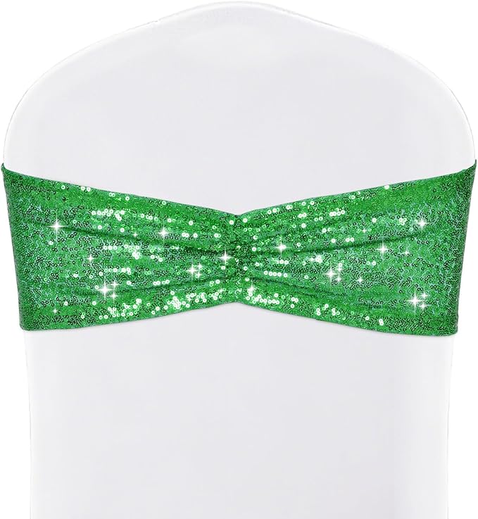 SquarePie 50 Pcs Sequin Chair Sashes Green Glitter Sequin Sashes Bands Decorative Chair Ties Bows for Wedding Party Festive Decor