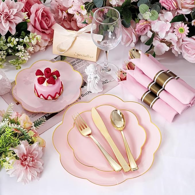 supernal 60pcs Pink Scalloped Plastic Plates with Gold Rim,Heavy Duty Plastic Disposable Plates Includes:30 Dinner and 30 Dessert Plate Perfect for Wedding, Bridal Shower, Mother's Day&Parties