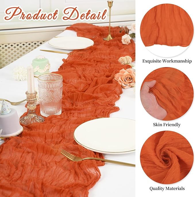 20 Pack Cheesecloth Table Runner 17 x 108 inch Long Boho Gauze Table Runners Semi Sheer Table Runner for Wedding Decor, Baby Shower, Birthday Party, Banquet (Orange)